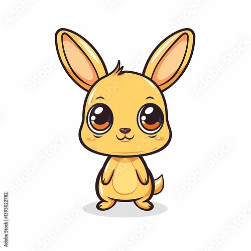 Cute cartoon bunny with big eyes, yellow fur, white background, playful character design, joyful expression, adorable theme.