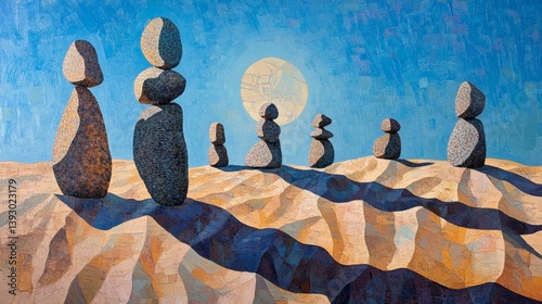 Stone balancing art on sand with blue sky and sun or moon background.