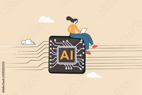 Working with AI artificial intelligence, technology helping or support success work, AI prompt engineer or robot assistance concept, woman work with computer laptop on AI artificial intelligence chip.