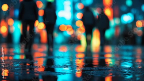 Wallpaper Mural City street scene with blurred background showcasing abstract reflections and vibrant lights on a wet pavement. Torontodigital.ca