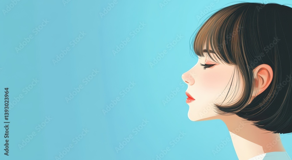 A cute anime girl with short hair in profile, flat illustration style, pastel color palette, soft lighting, blue background, portrait shot, simple details, cartoon character design. A cute anime girl with short hair in profile, flat illustration style, pastel color palette, soft lighting, blue background, portrait shot, simple details, cartoon character design.