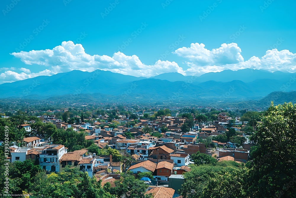 Fototapeta premium Scenic view of a town nestled beneath mountains with clouds