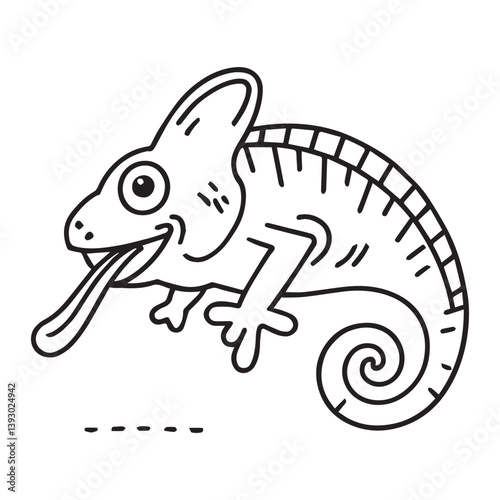 A striking black and white line drawing of a happy chameleon with its tongue extended.