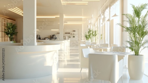 A clean, modern restaurant interior with high-end furniture and artistic decor