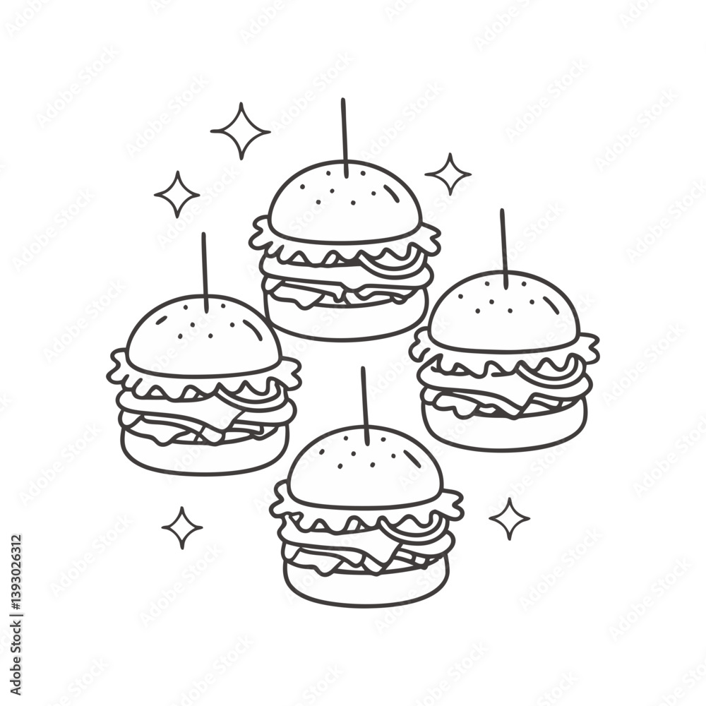 Vector set of mini burgers with cheese, lettuce, and skewers in simple black line art style with sparkles