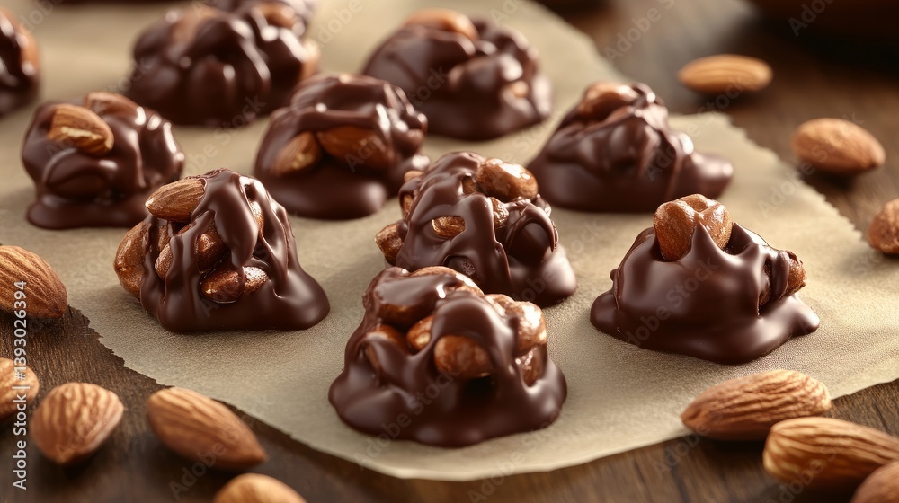 Realistic set of mini chocolate-dipped almond clusters on parchment paper with chocolate drips, vibrant browns. Realistic set of mini chocolate-dipped almond clusters on parchment paper with chocolate drips, vibrant browns.
