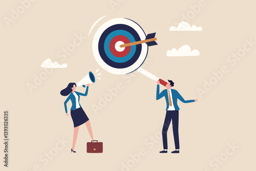 Effective communication for team success and achieve goal, meeting or discussion to speak the same goal, communicate important purpose concept, business people speak on megaphone the same target.