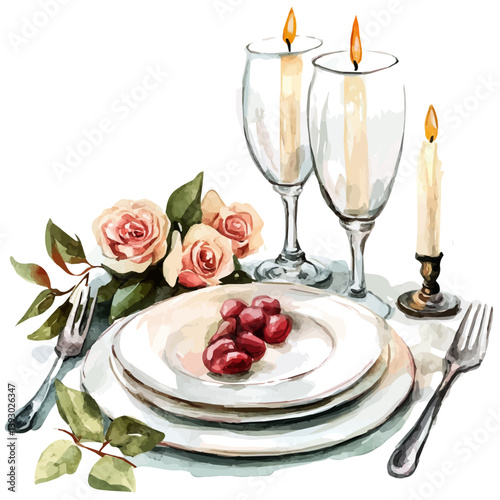 Romantic candlelight dinner setup, watercolor illustration, isolated on a white background.

