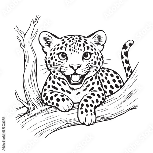 A vector illustration of a happy jaguar lying on a tree branch.