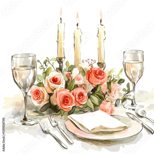Romantic candlelight dinner setup, watercolor illustration, isolated on a white background.

