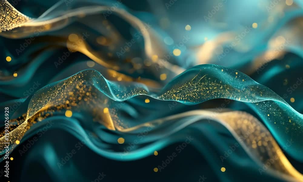 Abstract blue background with wavy patterns and golden particles