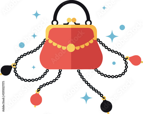 Stylish red handbag with decorative chains and colorful charms in flat vector art