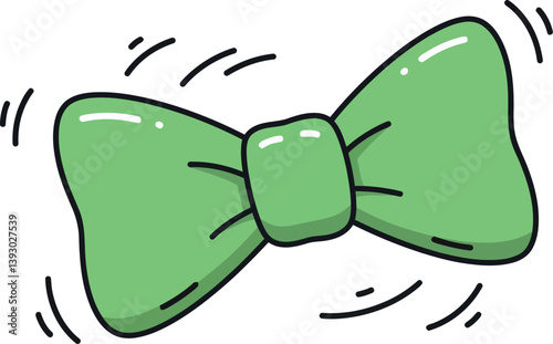 A vibrant green bowtie in a playful flat design style showcasing movement and charm as vector art