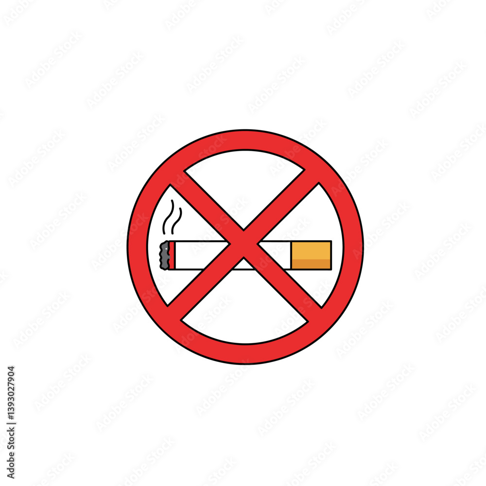 No Smoking Sign: The image of a red prohibition sign with a cigarette in the middle, an official warning about a location without smoking. No Smoking Sign: The image of a red prohibition sign with a cigarette in the middle, an official warning about a location without smoking.