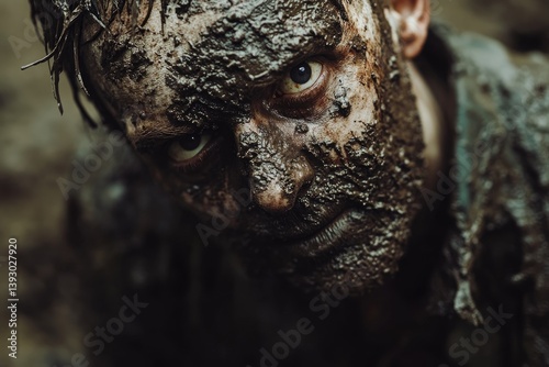 Muddy soldier face close-up