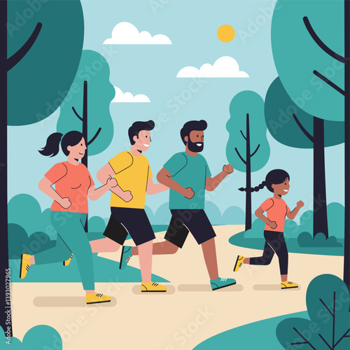 Energetic Run: A group of vibrant individuals, ranging from adults to children, joyfully participate in outdoor running in an artistic representation of a local park.