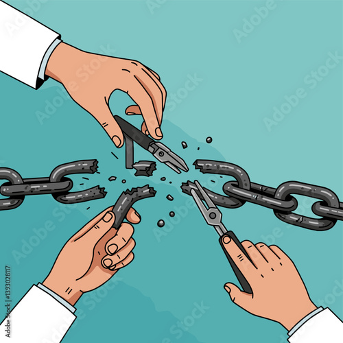 Breaking Free: Symbolic illustration of liberation and the shattering of constraints, as hands utilize tools to sever a chain link by link. The image is an inspirational concept of empowerment.