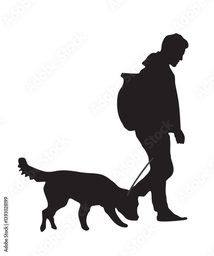Black silhouette of A man walking with dog on a leash. The dog is sniffing the ground. The man hiking wearing a backpack. Vector flat illustration isolated on transparent background