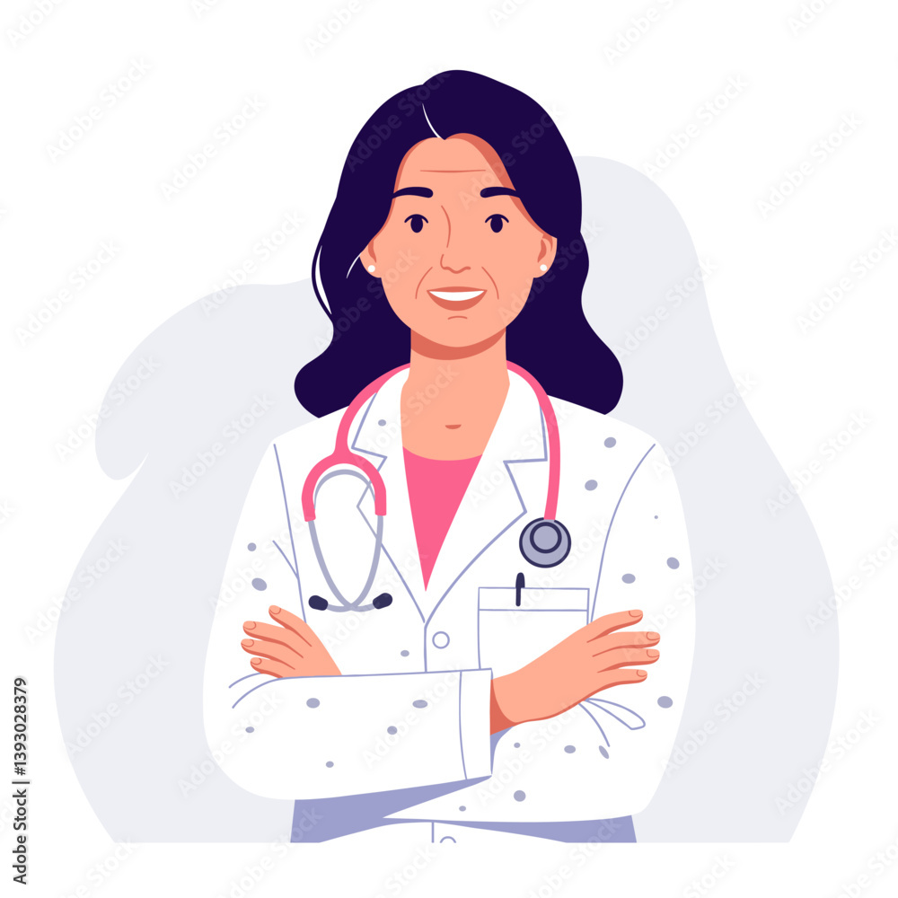 Smiling Doctor with Stethoscope: A kind doctor stands confidently, with arms crossed. The scene showcases a medical professional exuding a calm demeanor and a reassuring presence. Smiling Doctor with Stethoscope: A kind doctor stands confidently, with arms crossed. The scene showcases a medical professional exuding a calm demeanor and a reassuring presence.