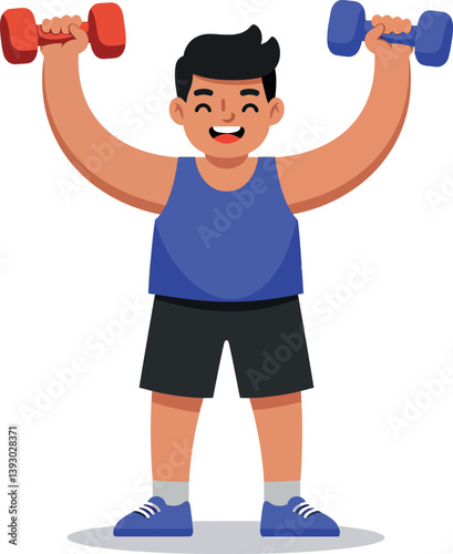 A cheerful boy lifting colorful dumbbells in a flat vector illustration