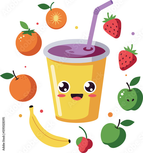 Cheerful fruit smoothie cup surrounded by vibrant fruits in flat vector art