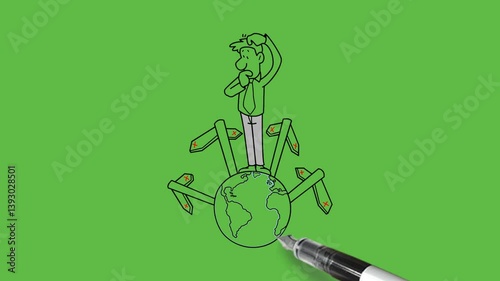 draw young man stand on globe indicate four pillars with arrows both side in red cross keep right hand on lips and left hand on head with black outline on abstract green screen background    
