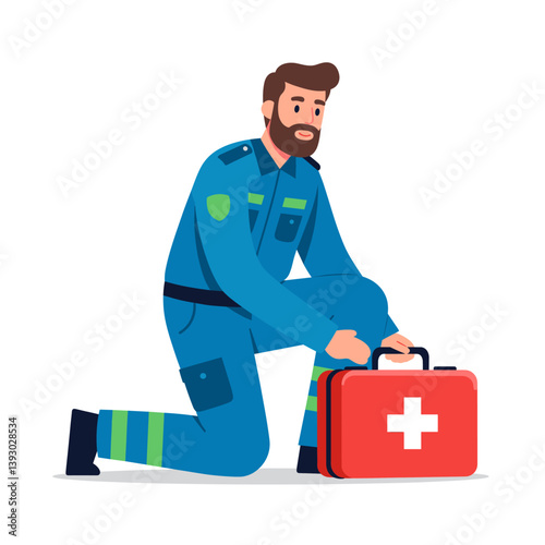 Emergency medical technician with medical kit: A dedicated emergency medical technician, kneels beside a bright red medical kit. The image captures his readiness to provide care and offer help.