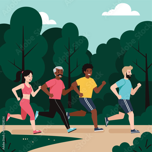 Embracing the Run: A vibrant group of diverse individuals enjoying a spirited run in a lush green park, embodying health, fitness, and active lifestyle.