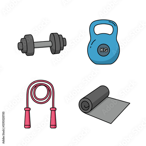 Fitness Essentials Illustration: A collection of fitness equipment, including a dumbbell, kettlebell, jump rope, and yoga mat, laid out in a visually appealing and clean layout.