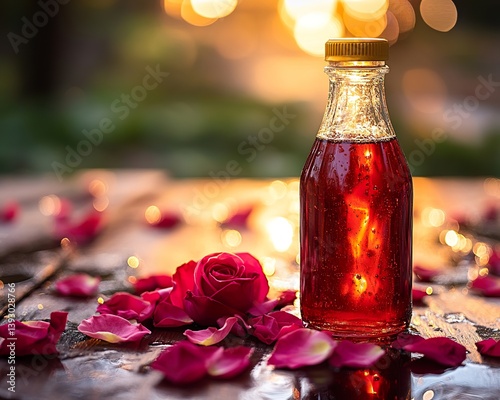 Bottled Rooh Afza with fresh rose petals scattered around, reflecting golden sunset lighting.