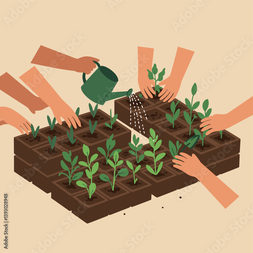 Cultivating Growth Together: A community of hands tending to a vibrant garden, nurturing seedlings with care and watering. Evoking a sense of collective effort and the promise of future abundance.