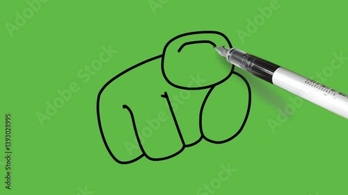 draw close view of human fist with black outline on abstract green screen background  
