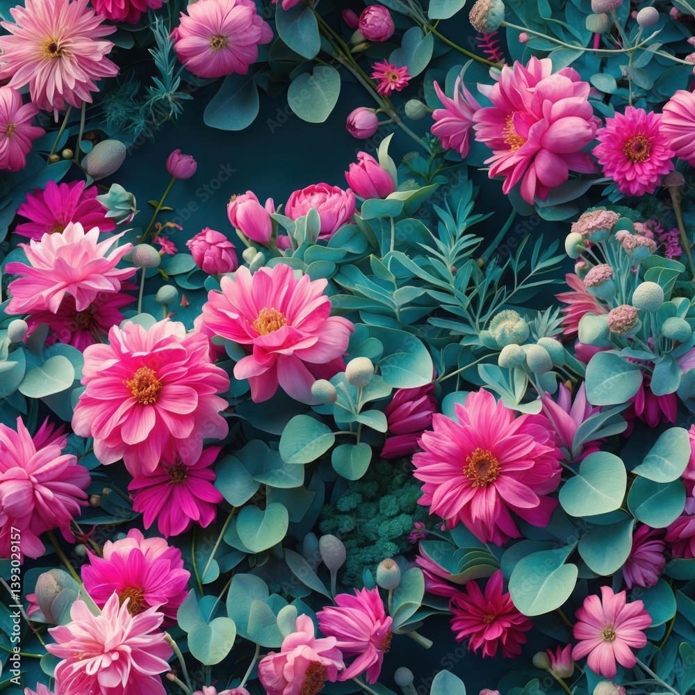 Fototapeta premium Pink Flowers Seamless Pattern Background. Floral texture with pink bloom, green leaves. Spring pattern for wallpaper or fabric, textile.