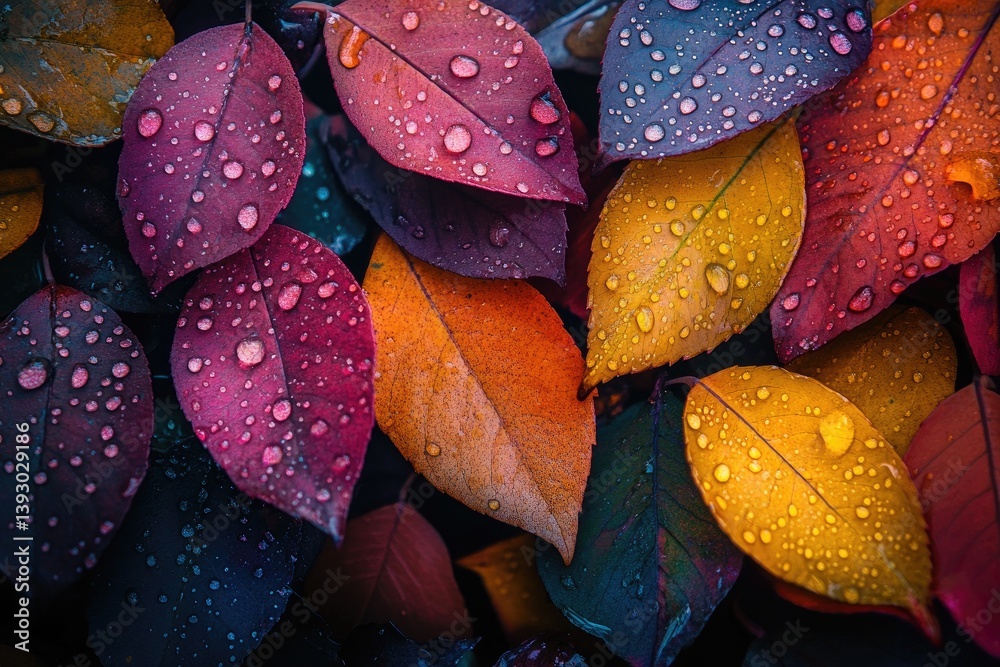 Vibrant autumn leaves covered in dew drops Vibrant autumn leaves covered in dew drops