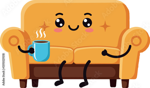 A cheerful animated couch character holding a steaming cup, minimal flat vector illustration