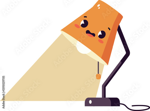 Cheerful desk lamp character with smiling face in flat vector art style illuminating a workspace scene