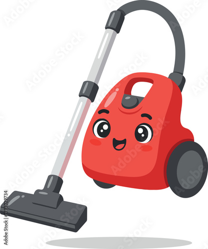Cheerful red vacuum cleaner with a smiling face in a flat design vector illustration