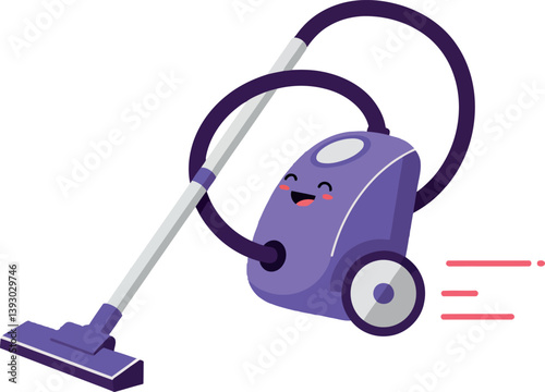 A cheerful purple vacuum cleaner in a flat, minimal design performing cleaning tasks with a lively expression, vector art