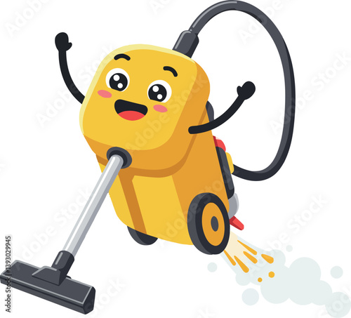 A cheerful cartoon vacuum cleaner character in a flat design style, showcasing joy and energy, vector illustration