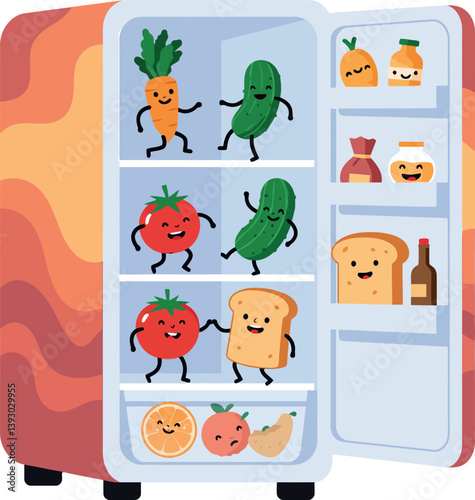 Colorful cartoon vegetables and bread dancing joyfully inside a whimsical refrigerator in flat vector art