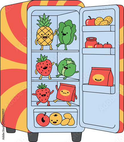 Colorful refrigerator filled with cheerful fruits and vegetables in flat vector art