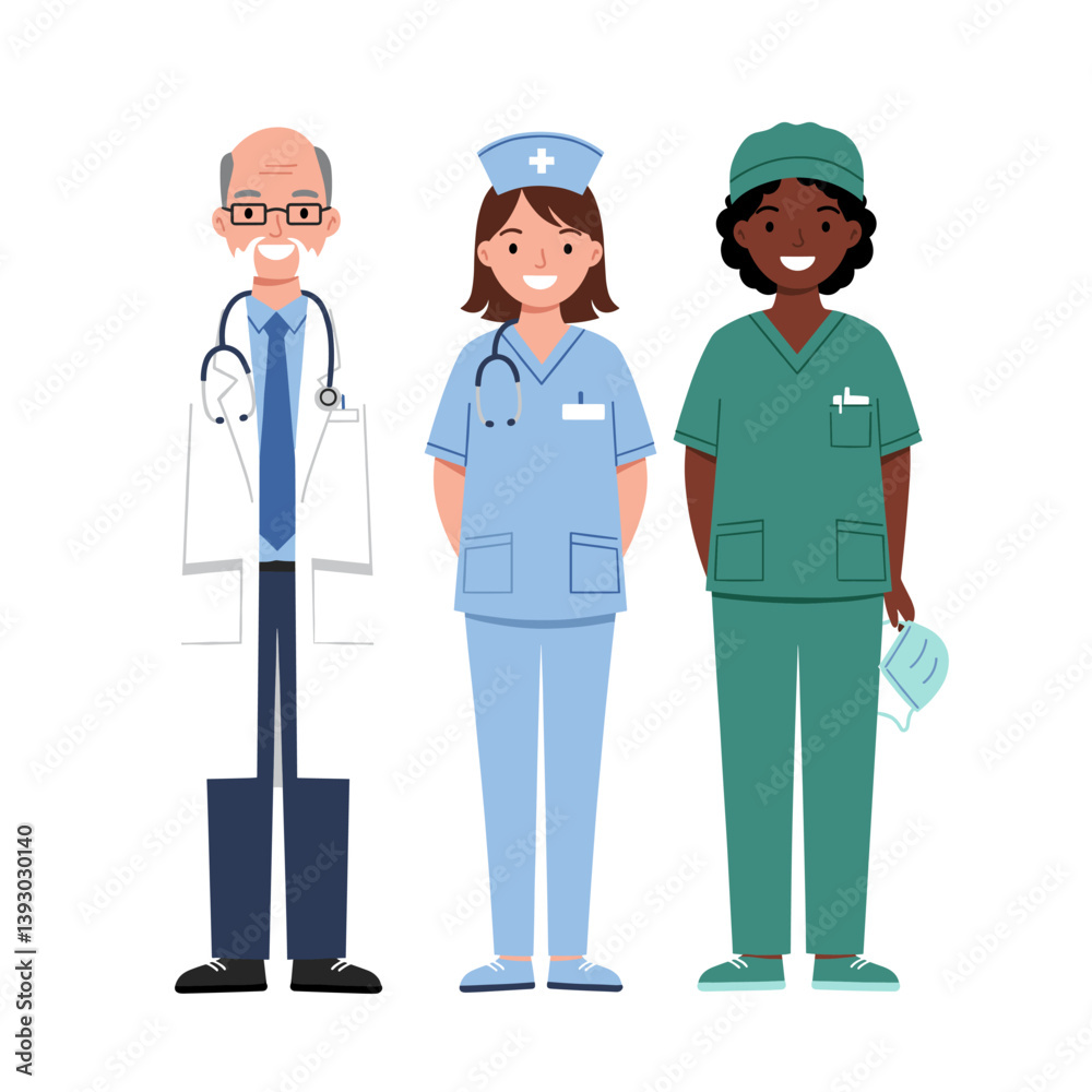 Healthcare Heroes: A portrait of a dedicated medical team, comprising a doctor and two nurses, showcasing their unwavering commitment to care, adorned in their professional attire, ready to serve. Healthcare Heroes: A portrait of a dedicated medical team, comprising a doctor and two nurses, showcasing their unwavering commitment to care, adorned in their professional attire, ready to serve.