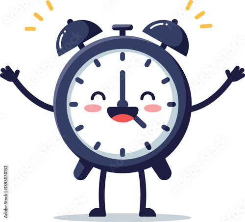 Happy alarm clock character with arms raised celebrating in flat vector art