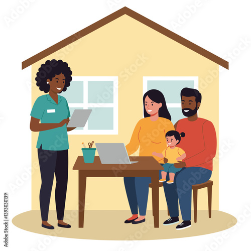 Virtual Consultation: A heartwarming scene unfolds as a healthcare professional engages in a virtual consultation with a family, with a homey atmosphere.