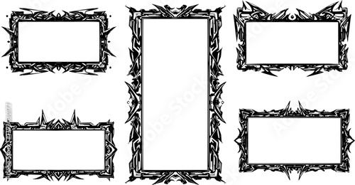 Neo Tribal Frames Set. Y2K Tattoo Borders. Vector Gothic Acid Rectangle Shapes in Cyberpunk 2000s Style
