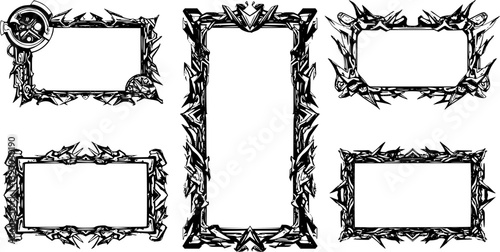 Neo Tribal Frames Set. Y2K Tattoo Borders. Vector Gothic Acid Rectangle Shapes in Cyberpunk 2000s Style
