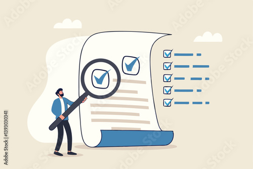 Inspect or review document, report or legal audit, quality assurance, search for document, information or research, investigate, proof or checking concept, businessman with magnifier inspect document.