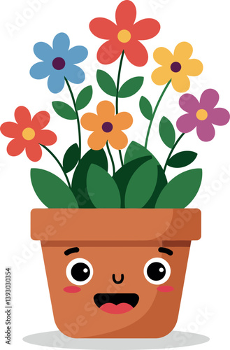 Happy potted plant with colorful flowers in a cheerful, flat design vector art