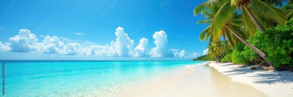 Fototapeta premium Idyllic tropical beach, turquoise water, blue sky Perfect summer vacation background , breathtaking, vacation, beach background