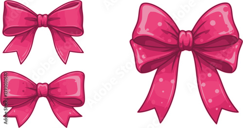 Pink Coquette Bow Set. Vector Retro Ribbons Illustration. Bowknot for Print, Patterns, Postcard, Valentines Cards, Menu, Wedding Invitations, Poster, Branding and Logo
